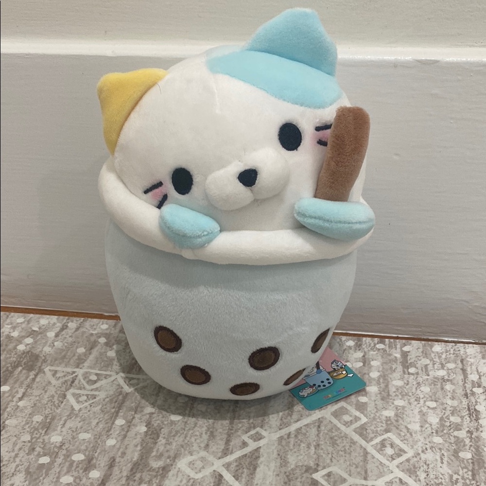 White and Blue Stuffed Boba Cat